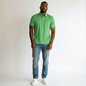 Michel Rouen Mens Performance Polo Shirt Green Striped Golf UPF 30+ Large NEW